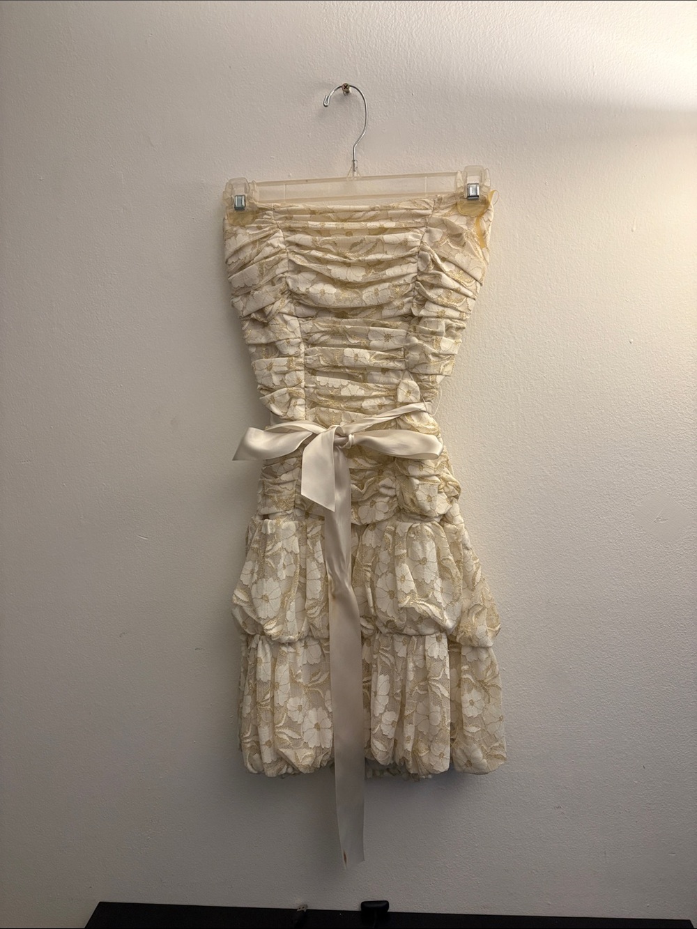 Sequin Hearts Strapless Ruched Jumpsuit in Cream and Gold